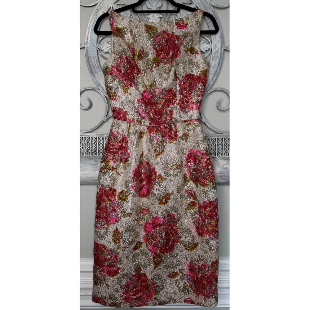 Jay Herbert California Vintage 1950s Gold Brocade Pink Floral Cocktail Dress XS